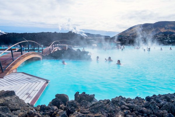 Group at Blue lagoon in Iceland on guided tour