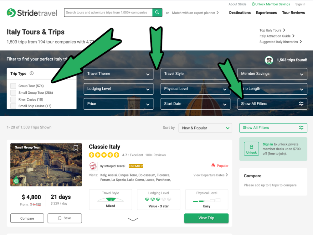 Italy tours search filters