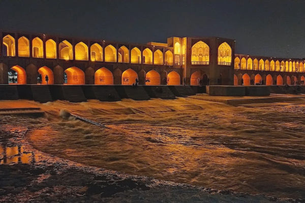 Khaju Bridge in Iran lit up at night