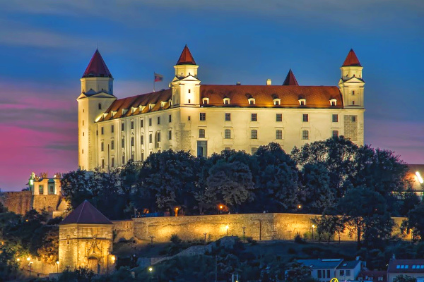 Bratislava castle lit up at night