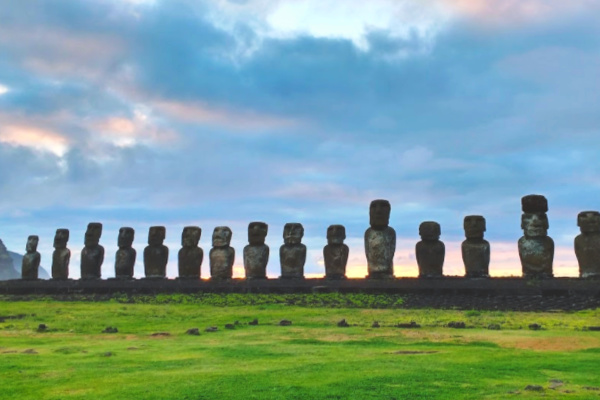 Easter Island statues at sunset