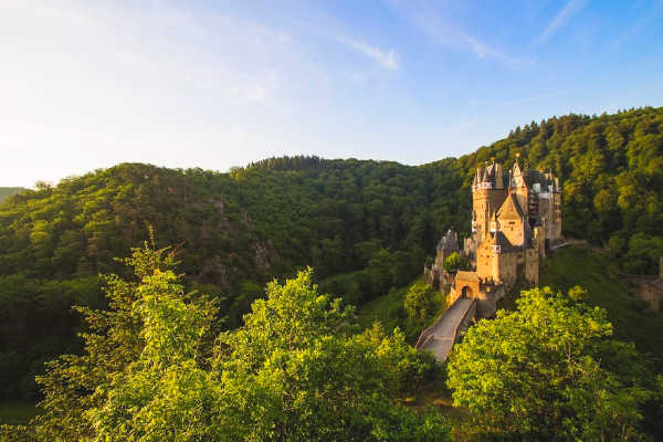 Beautiful castle at sunset, view from Moselle river cruise