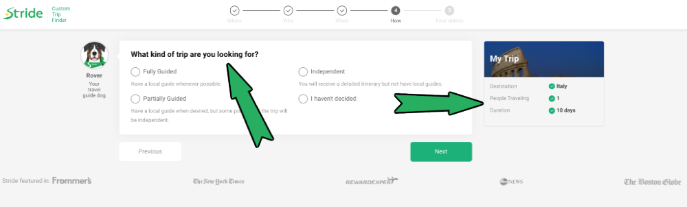 Filling out custom trip request