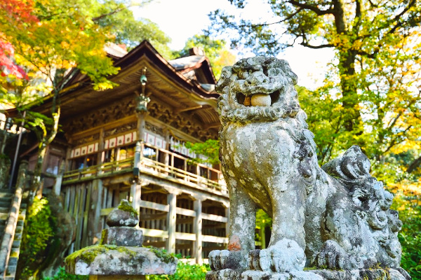 Large stone lion in hidden garden in japan