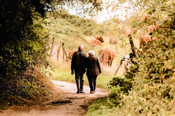 Senior couple walking on path in England