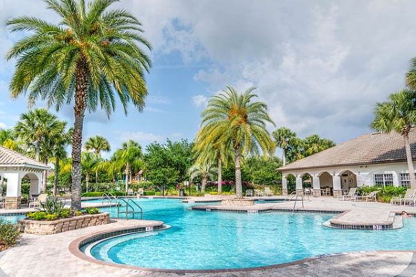 an outdoor pool surrounded by palm trees on a sunny day