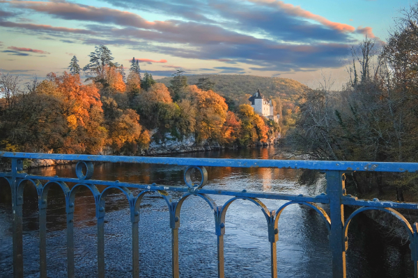 Beautiful fall colors at dusk lover river in France