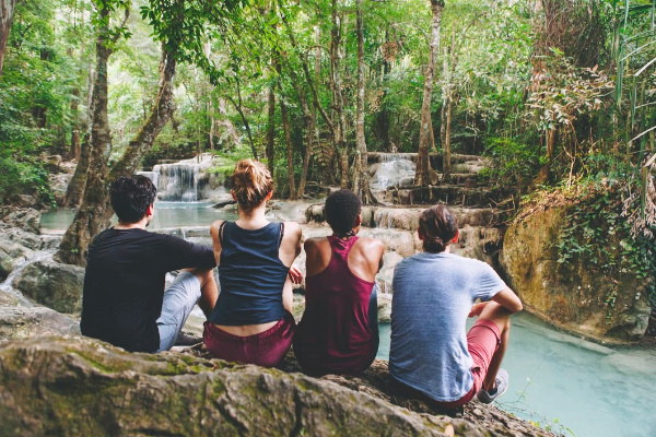 Small tour group on sustainable travel trip in south america