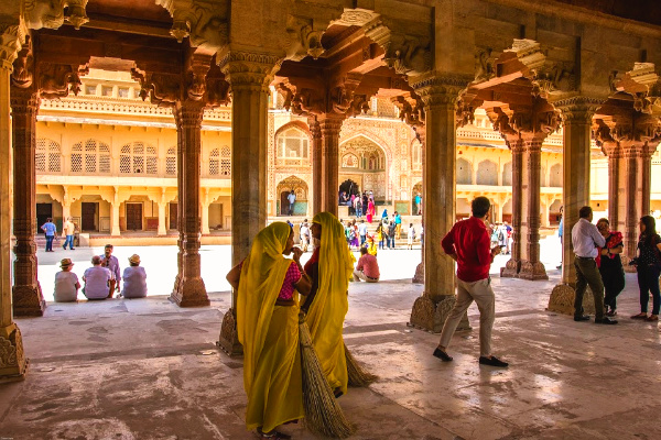 Tourist and locals on street in India