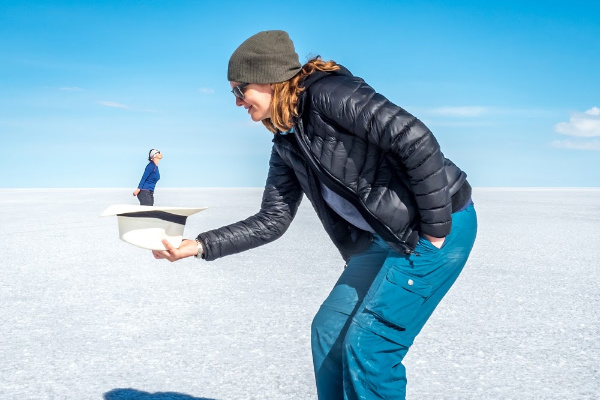 Forced perspective shot in Boliva salt flats