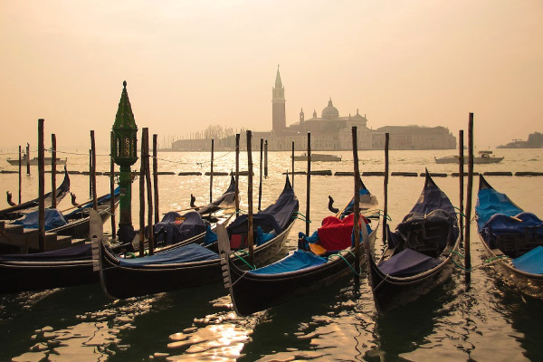 Gondolas in venice at dawn