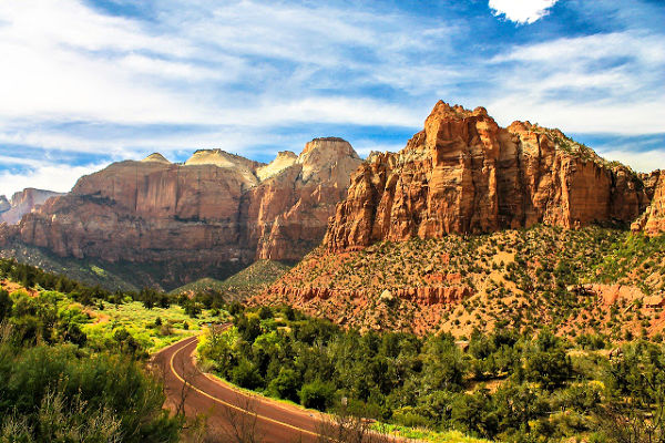 view of the zion national park and highway in the day time