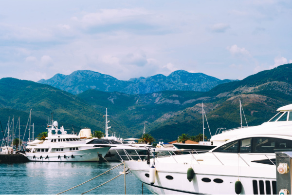 Boats and mountains in Tivat, Montenegro.