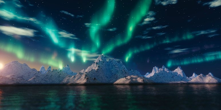 Northern Lights over icebergs