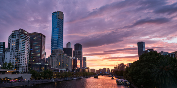 Sunset over a cityscape in Southbank Australia.